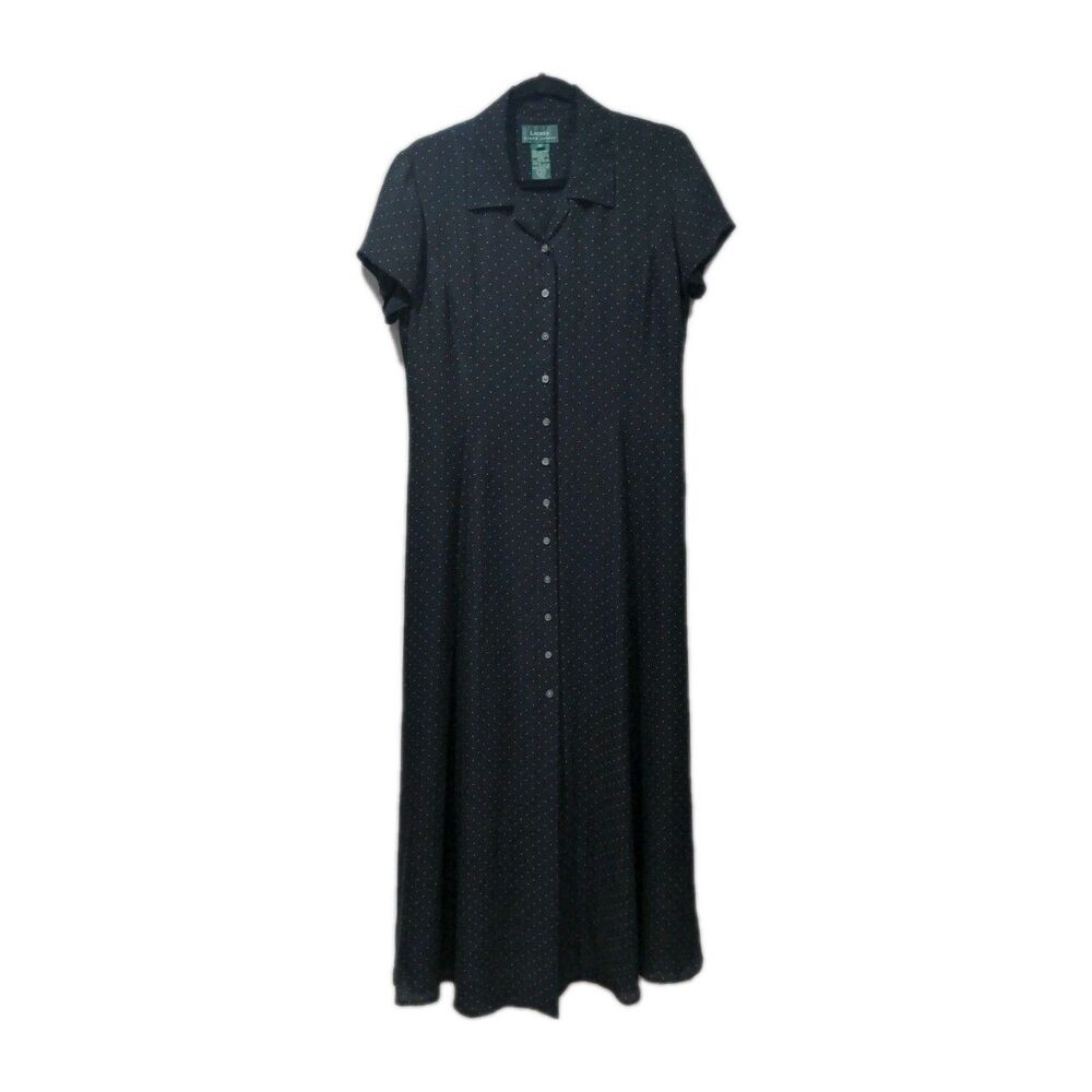 Lauren Ralph Lauren Womens Silk SS Dress Button Up Size 14 Black 90s Y2K Classic